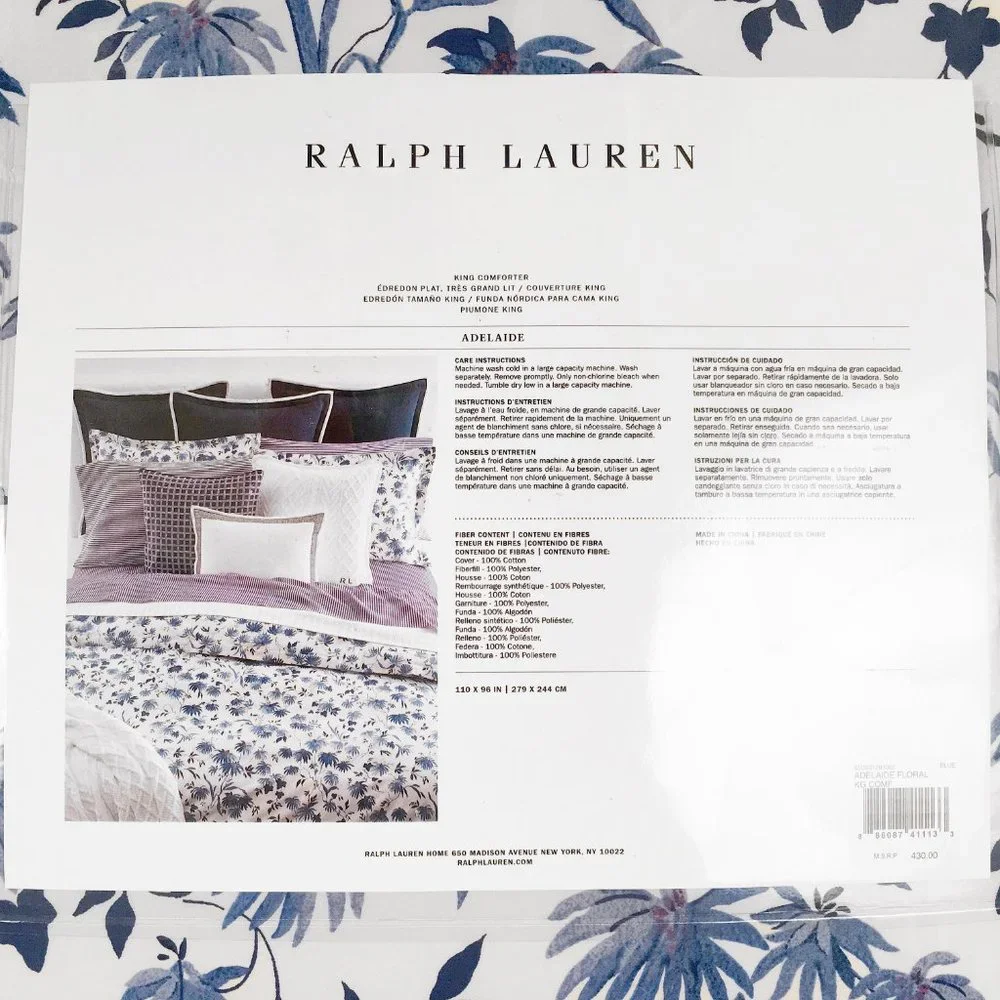 NEW $430 Ralph Lauren Adelaide Comforter!  King  White With Blue Floral Pattern